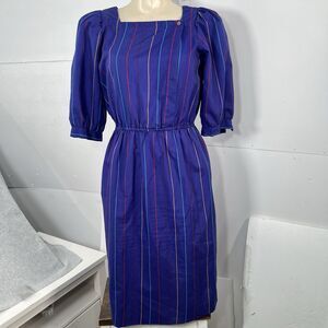 Vintage 80s Liz Petites Inc Striped dress M* square neck Midi Dress Colorful